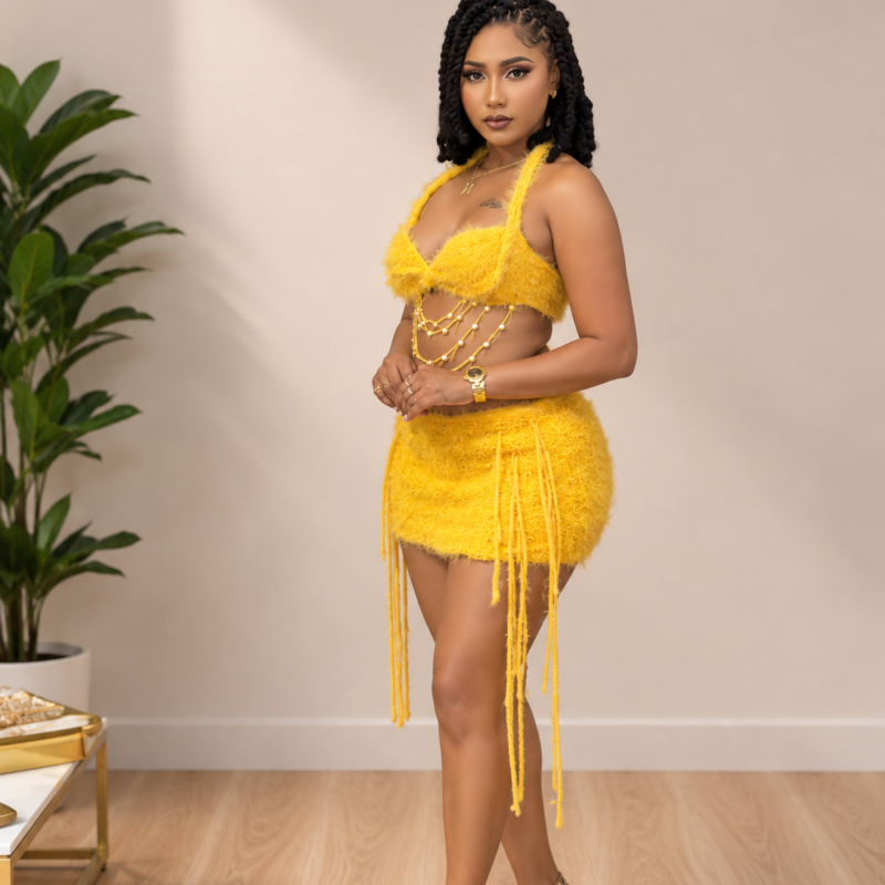 Yellow Fuzzy Fringe Two-Piece Skirt Set